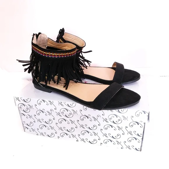 Boho Fringe Flat Sandals Black - Picture 7 of 8